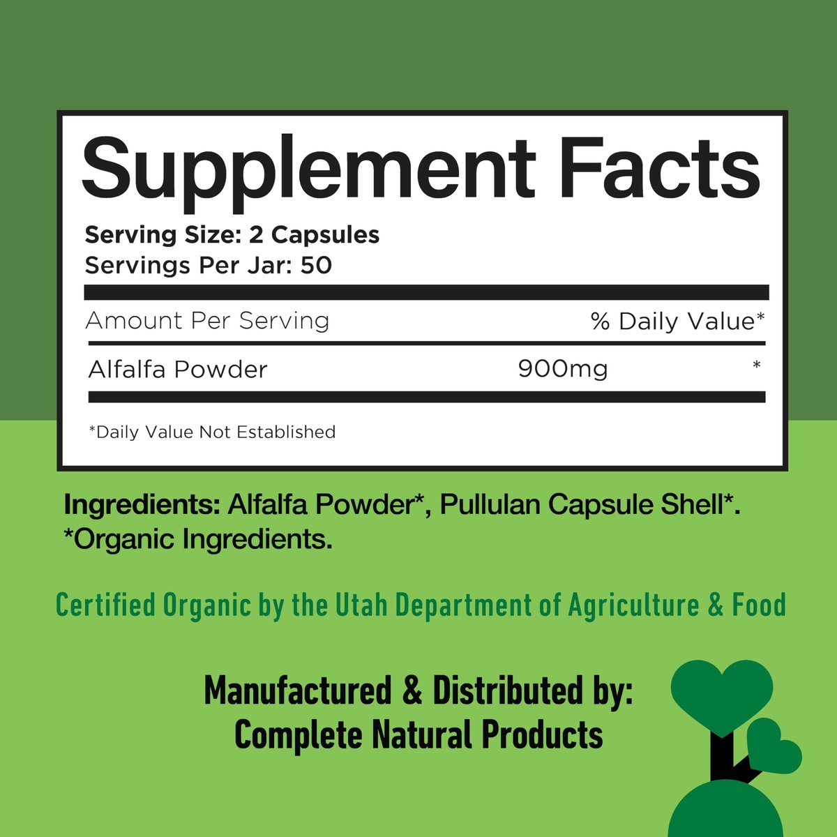 Complete Natural Products Reines Bio-Alfalfa-Blattpulver - 100 Kapseln - 450 mg reines, getrocknetes Bio-Alfalfa-Blattpulver in pflanzlichen Kapseln