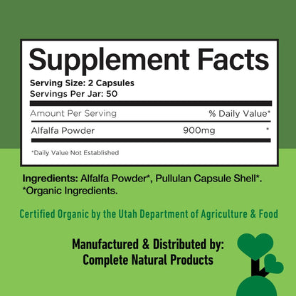 Complete Natural Products Reines Bio-Alfalfa-Blattpulver - 100 Kapseln - 450 mg reines, getrocknetes Bio-Alfalfa-Blattpulver in pflanzlichen Kapseln