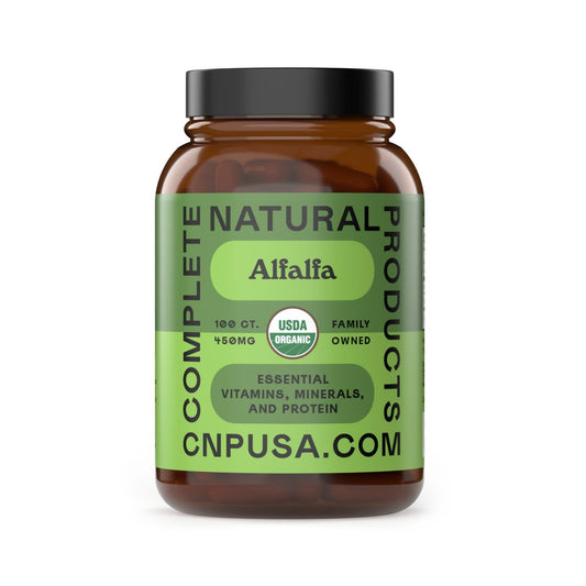 Complete Natural Products Reines Bio-Alfalfa-Blattpulver - 100 Kapseln - 450 mg reines, getrocknetes Bio-Alfalfa-Blattpulver in pflanzlichen Kapseln