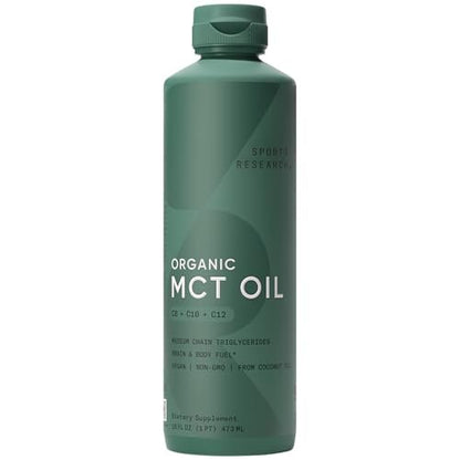Sports Research® Bio-MCT Öl 480 ml – Vollspektrum (C8, C10, C12) aus Kokosöl – Keto Gehirn- & Körperbrennstoff* – Vegan, Non-GMO, Informed Choice zertifiziert – Ungeschmack