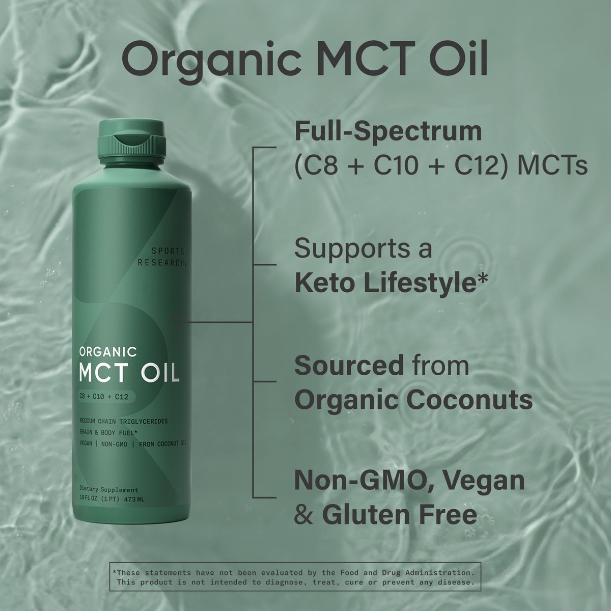 Sports Research® Bio-MCT Öl 480 ml – Vollspektrum (C8, C10, C12) aus Kokosöl – Keto Gehirn- & Körperbrennstoff* – Vegan, Non-GMO, Informed Choice zertifiziert – Ungeschmack