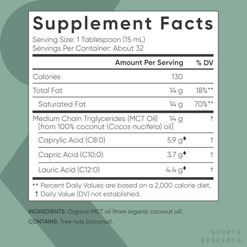 Sports Research® Bio-MCT Öl 480 ml – Vollspektrum (C8, C10, C12) aus Kokosöl – Keto Gehirn- & Körperbrennstoff* – Vegan, Non-GMO, Informed Choice zertifiziert – Ungeschmack