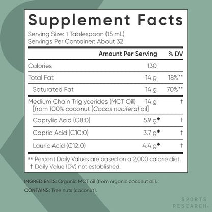 Sports Research® Bio-MCT Öl 480 ml – Vollspektrum (C8, C10, C12) aus Kokosöl – Keto Gehirn- & Körperbrennstoff* – Vegan, Non-GMO, Informed Choice zertifiziert – Ungeschmack