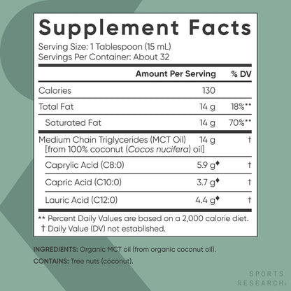 Sports Research® Bio-MCT Öl 480 ml – Vollspektrum (C8, C10, C12) aus Kokosöl – Keto Gehirn- & Körperbrennstoff* – Vegan, Non-GMO, Informed Choice zertifiziert – Ungeschmack