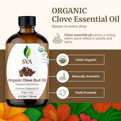 SVA Bio Nelkenöl Organisch – 118 ml – 100% Natürliches Bio Nelkenöl – für Diffuser, Haarpflege, Gesicht, Hautpflege, Aromatherapie, Kopfhaut- und Körpermassage, Seifen- und Kerzenherstellung – mit Pipette