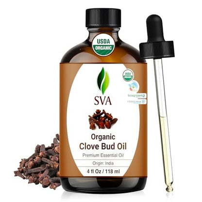 SVA Bio Nelkenöl Organisch – 118 ml – 100% Natürliches Bio Nelkenöl – für Diffuser, Haarpflege, Gesicht, Hautpflege, Aromatherapie, Kopfhaut- und Körpermassage, Seifen- und Kerzenherstellung – mit Pipette