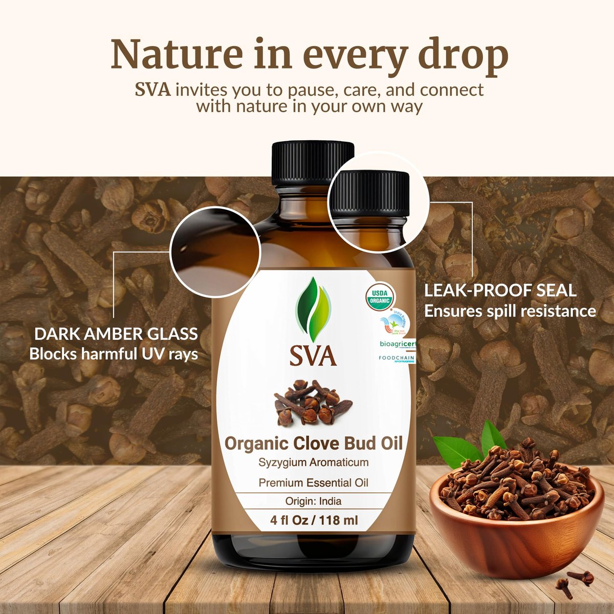 SVA Bio Nelkenöl Organisch – 118 ml – 100% Natürliches Bio Nelkenöl – für Diffuser, Haarpflege, Gesicht, Hautpflege, Aromatherapie, Kopfhaut- und Körpermassage, Seifen- und Kerzenherstellung – mit Pipette