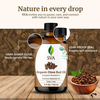 SVA Bio Nelkenöl Organisch – 118 ml – 100% Natürliches Bio Nelkenöl – für Diffuser, Haarpflege, Gesicht, Hautpflege, Aromatherapie, Kopfhaut- und Körpermassage, Seifen- und Kerzenherstellung – mit Pipette