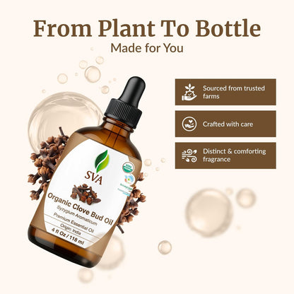 SVA Bio Nelkenöl Organisch – 118 ml – 100% Natürliches Bio Nelkenöl – für Diffuser, Haarpflege, Gesicht, Hautpflege, Aromatherapie, Kopfhaut- und Körpermassage, Seifen- und Kerzenherstellung – mit Pipette
