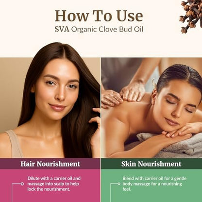 SVA Bio Nelkenöl Organisch – 118 ml – 100% Natürliches Bio Nelkenöl – für Diffuser, Haarpflege, Gesicht, Hautpflege, Aromatherapie, Kopfhaut- und Körpermassage, Seifen- und Kerzenherstellung – mit Pipette