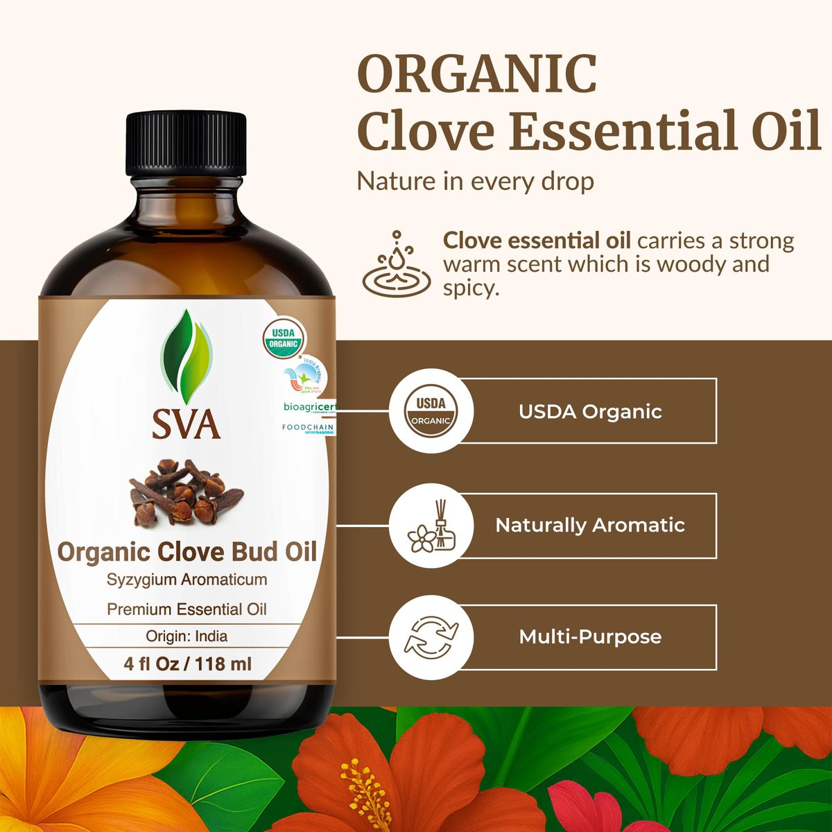 SVA Bio Nelkenöl Organisch – 118 ml – 100% Natürliches Bio Nelkenöl – für Diffuser, Haarpflege, Gesicht, Hautpflege, Aromatherapie, Kopfhaut- und Körpermassage, Seifen- und Kerzenherstellung – mit Pipette