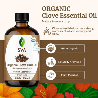 SVA Bio Nelkenöl Organisch – 118 ml – 100% Natürliches Bio Nelkenöl – für Diffuser, Haarpflege, Gesicht, Hautpflege, Aromatherapie, Kopfhaut- und Körpermassage, Seifen- und Kerzenherstellung – mit Pipette