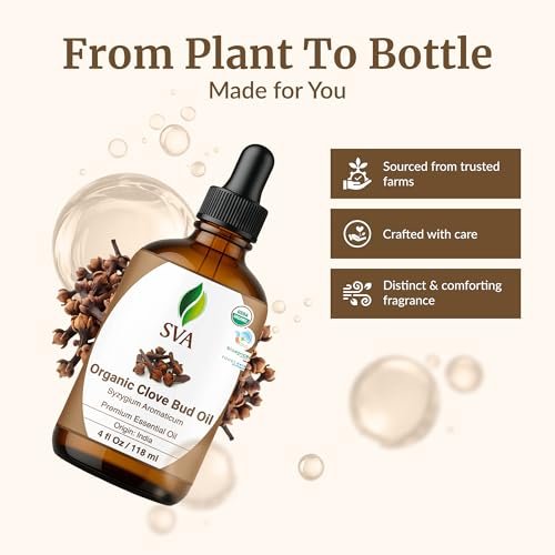 SVA Bio Nelkenöl Organisch – 118 ml – 100% Natürliches Bio Nelkenöl – für Diffuser, Haarpflege, Gesicht, Hautpflege, Aromatherapie, Kopfhaut- und Körpermassage, Seifen- und Kerzenherstellung – mit Pipette