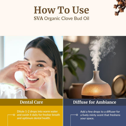 SVA Bio Nelkenöl Organisch – 118 ml – 100% Natürliches Bio Nelkenöl – für Diffuser, Haarpflege, Gesicht, Hautpflege, Aromatherapie, Kopfhaut- und Körpermassage, Seifen- und Kerzenherstellung – mit Pipette