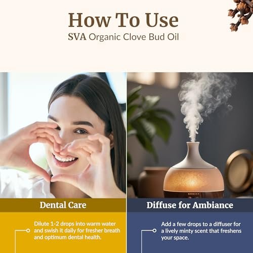 SVA Bio Nelkenöl Organisch – 118 ml – 100% Natürliches Bio Nelkenöl – für Diffuser, Haarpflege, Gesicht, Hautpflege, Aromatherapie, Kopfhaut- und Körpermassage, Seifen- und Kerzenherstellung – mit Pipette