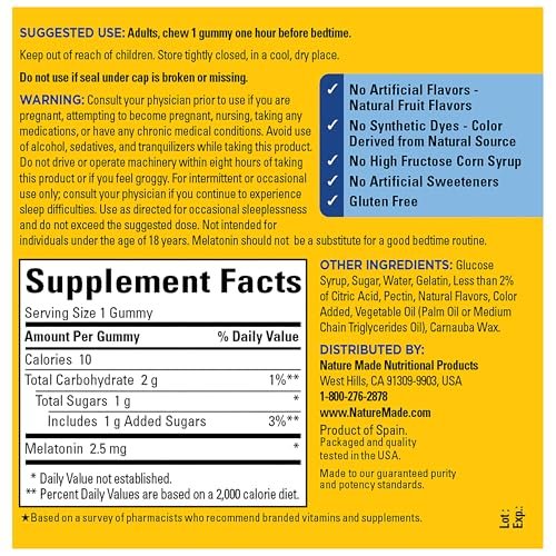 Nature Made Melatonin Gummies 2,5 mg – 130 Stück, 130-Tage-Vorrat, Schlafhilfe für Erwachsene, 100 % drogenfrei