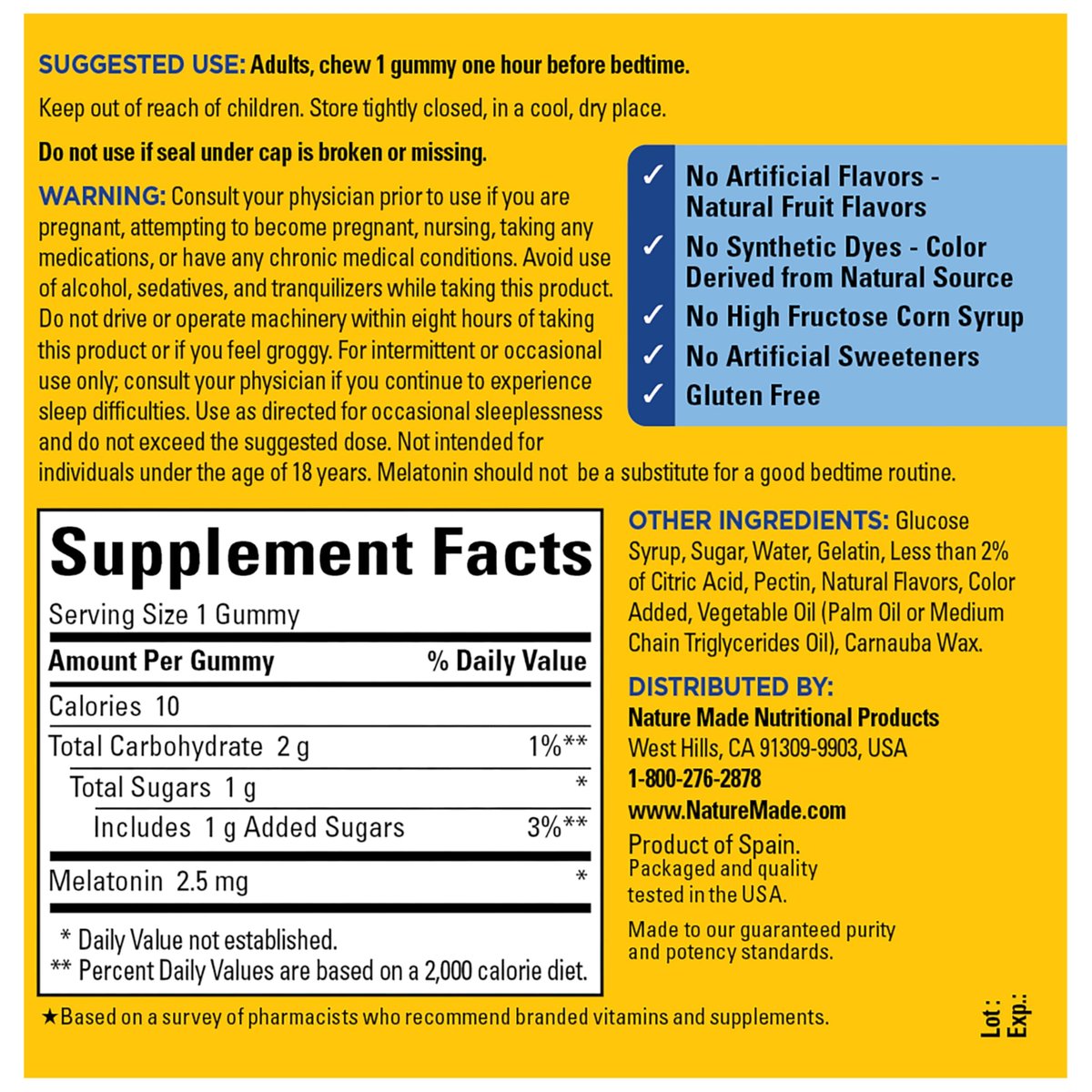 Nature Made Melatonin Gummies 2,5 mg – 130 Stück, 130-Tage-Vorrat, Schlafhilfe für Erwachsene, 100 % drogenfrei