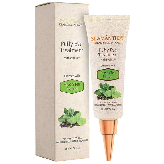 Puffy Eye Treatment – Sofort sichtbare Ergebnisse gegen Falten, Schwellungen, Augenringe & Tränensäcke – Feuchtigkeitsspendende Augencreme mit Grüntee-Extrakt & Totes-Meer-Mineralien von SEAMANTIKA – 0,8 fl.oz.