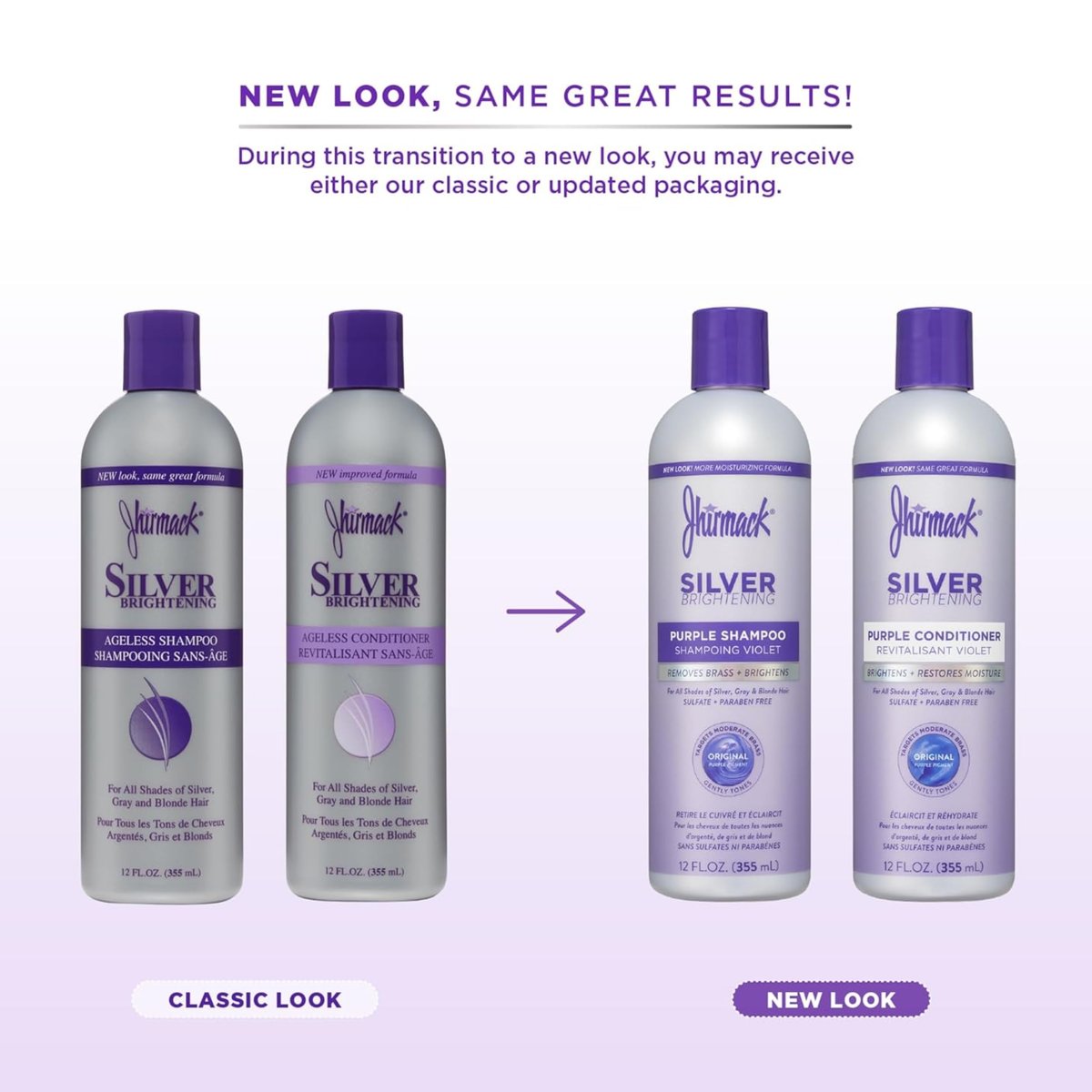 Jhirmack Silver Brightening Purple Shampoo und Conditioner Set für silbernes, graues und blondes Haar - 2x 355 ml