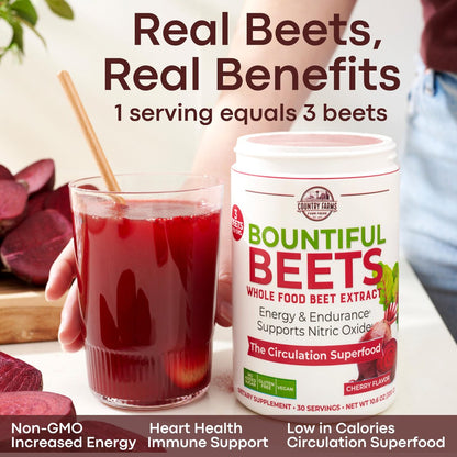 Country Farms Bountiful Beets – Rote-Bete-Extrakt Superfood zur Unterstützung einer gesunden Durchblutung und Steigerung der Energie, Nitric-Oxid-Booster, Kirschgeschmack, 30 Portionen