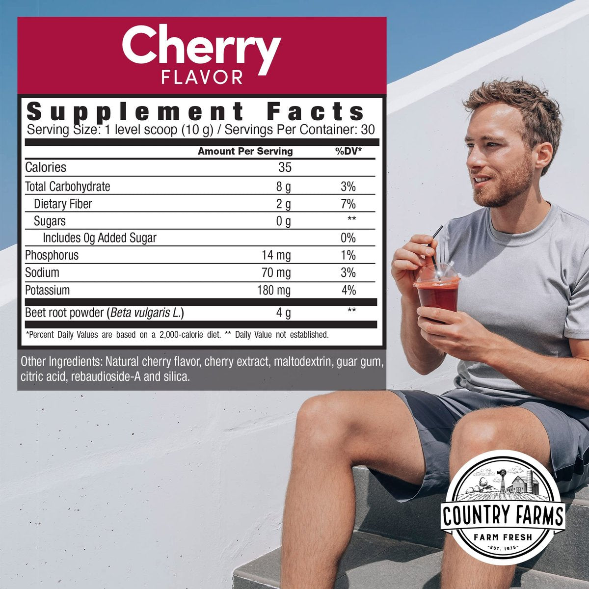 Country Farms Bountiful Beets – Rote-Bete-Extrakt Superfood zur Unterstützung einer gesunden Durchblutung und Steigerung der Energie, Nitric-Oxid-Booster, Kirschgeschmack, 30 Portionen