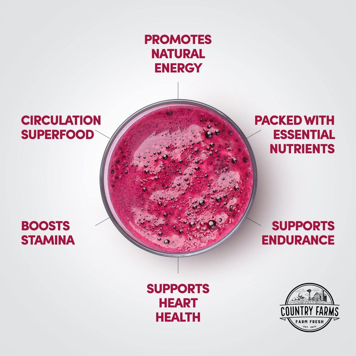 Country Farms Bountiful Beets – Rote-Bete-Extrakt Superfood zur Unterstützung einer gesunden Durchblutung und Steigerung der Energie, Nitric-Oxid-Booster, Kirschgeschmack, 30 Portionen