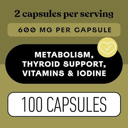 Complete Natural Products Bio-islandisches Seetang Kapseln – Reine 600 mg Kapseln, 100 Stück, Rohseetang & Schilddrüsenunterstützung