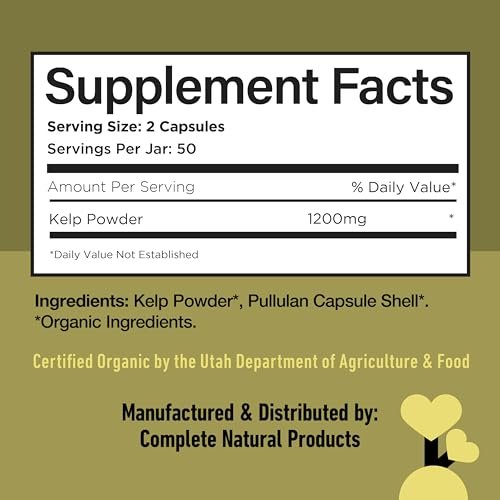 Complete Natural Products Bio-islandisches Seetang Kapseln – Reine 600 mg Kapseln, 100 Stück, Rohseetang & Schilddrüsenunterstützung