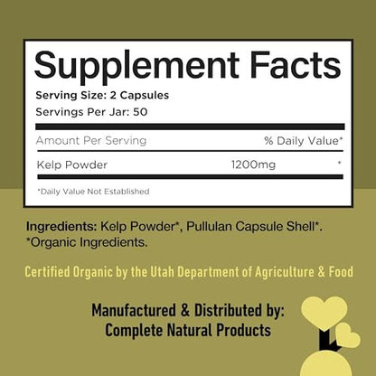 Complete Natural Products Bio-islandisches Seetang Kapseln – Reine 600 mg Kapseln, 100 Stück, Rohseetang & Schilddrüsenunterstützung