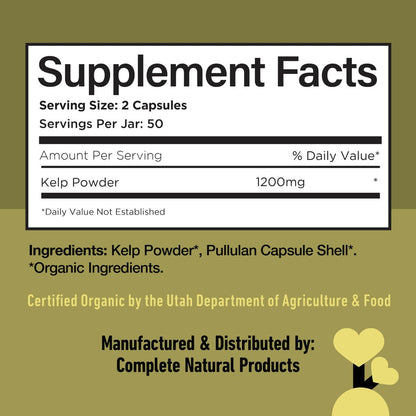 Complete Natural Products Bio-islandisches Seetang Kapseln – Reine 600 mg Kapseln, 100 Stück, Rohseetang & Schilddrüsenunterstützung