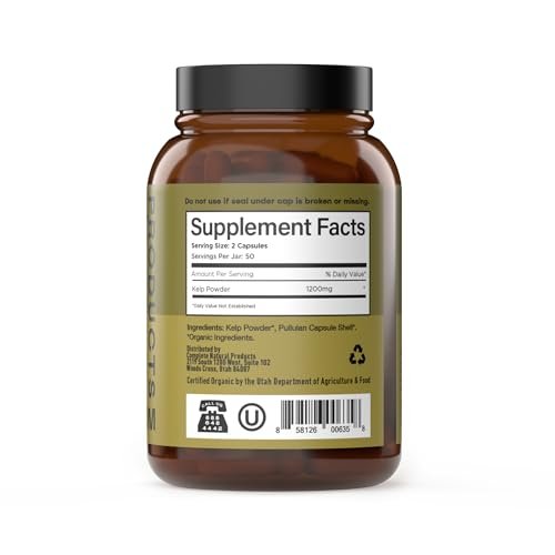 Complete Natural Products Bio-islandisches Seetang Kapseln – Reine 600 mg Kapseln, 100 Stück, Rohseetang & Schilddrüsenunterstützung