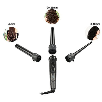 iMissiu Tourmaline 3-in-1 Lockenstab-Set mit 3 austauschbaren Keramikaufsätzen und hitzebeständigem Handschuh – Schwarz