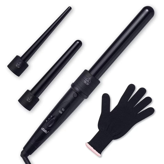 iMissiu Tourmaline 3-in-1 Lockenstab-Set mit 3 austauschbaren Keramikaufsätzen und hitzebeständigem Handschuh – Schwarz