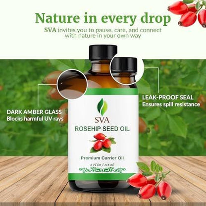 SVA Rosenkernöl - 4 Fl Oz – 100% natürlich & kaltgepresst – für Gesicht, Hautpflege, Haarpflege, Kopfhautmassage & Körpermassage – Trägeröl mit Pipette