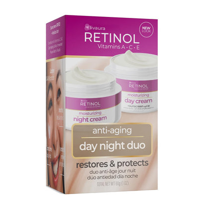 LIVAURA Retinol Anti-Aging Tages- und Nachtcreme Set – 24-Stunden-Hautpflege für jünger aussehende Haut, je 30 ml
