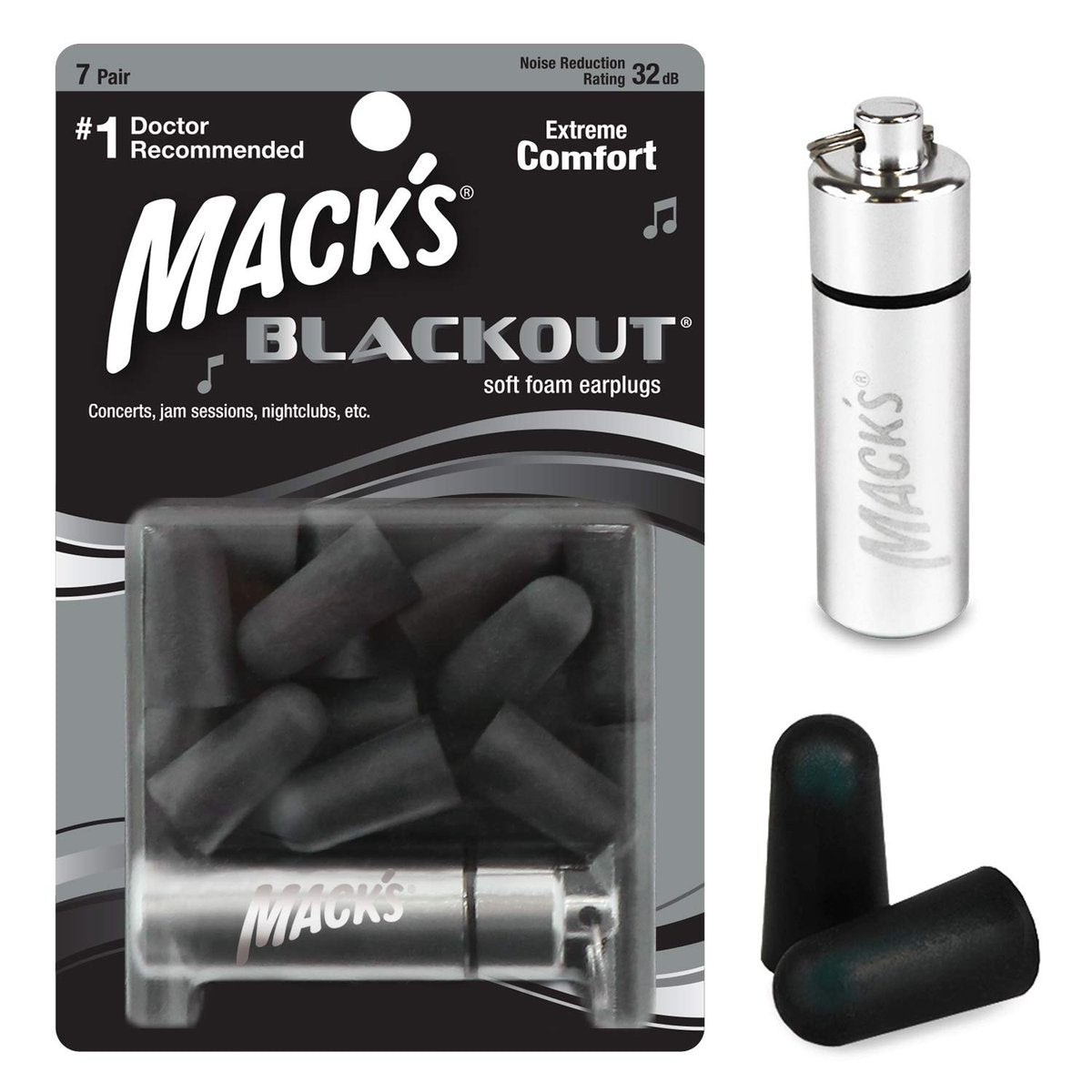 Mack's Blackout Soft Foam Ohrstöpsel, 7 Paar mit Reiseetui – 32 dB höchste NRR, bequeme Ohrstöpsel für Konzerte, Jamsessions, Nachtclubs, laute Veranstaltungen und Schießsport