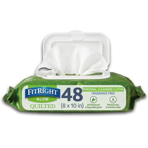 FitRight Aloe Feuchtigkeitstücher, parfümfrei, gesteppt, mit Klappdeckel, 8 x 12 Zoll, 48 Tücher