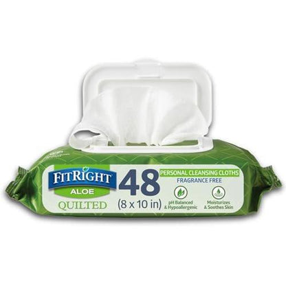 FitRight Aloe Feuchtigkeitstücher, parfümfrei, gesteppt, mit Klappdeckel, 8 x 12 Zoll, 48 Tücher