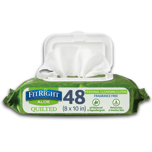 FitRight Aloe Feuchtigkeitstücher, parfümfrei, gesteppt, mit Klappdeckel, 8 x 12 Zoll, 48 Tücher