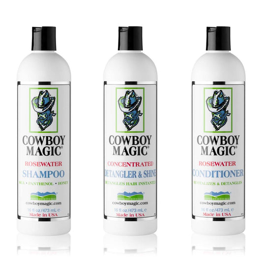 Cowboy Magic Shampoo + Conditioner + Entwirrer & Glanz 3er-Pack (je 473 ml) – Mit Seide, Panthenol und Honig – Für Pferde, Menschen und Hunde – Sanfte Reinigung und seidiges Fell
