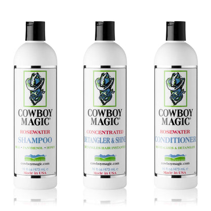 Cowboy Magic Shampoo + Conditioner + Entwirrer & Glanz 3er-Pack (je 473 ml) – Mit Seide, Panthenol und Honig – Für Pferde, Menschen und Hunde – Sanfte Reinigung und seidiges Fell