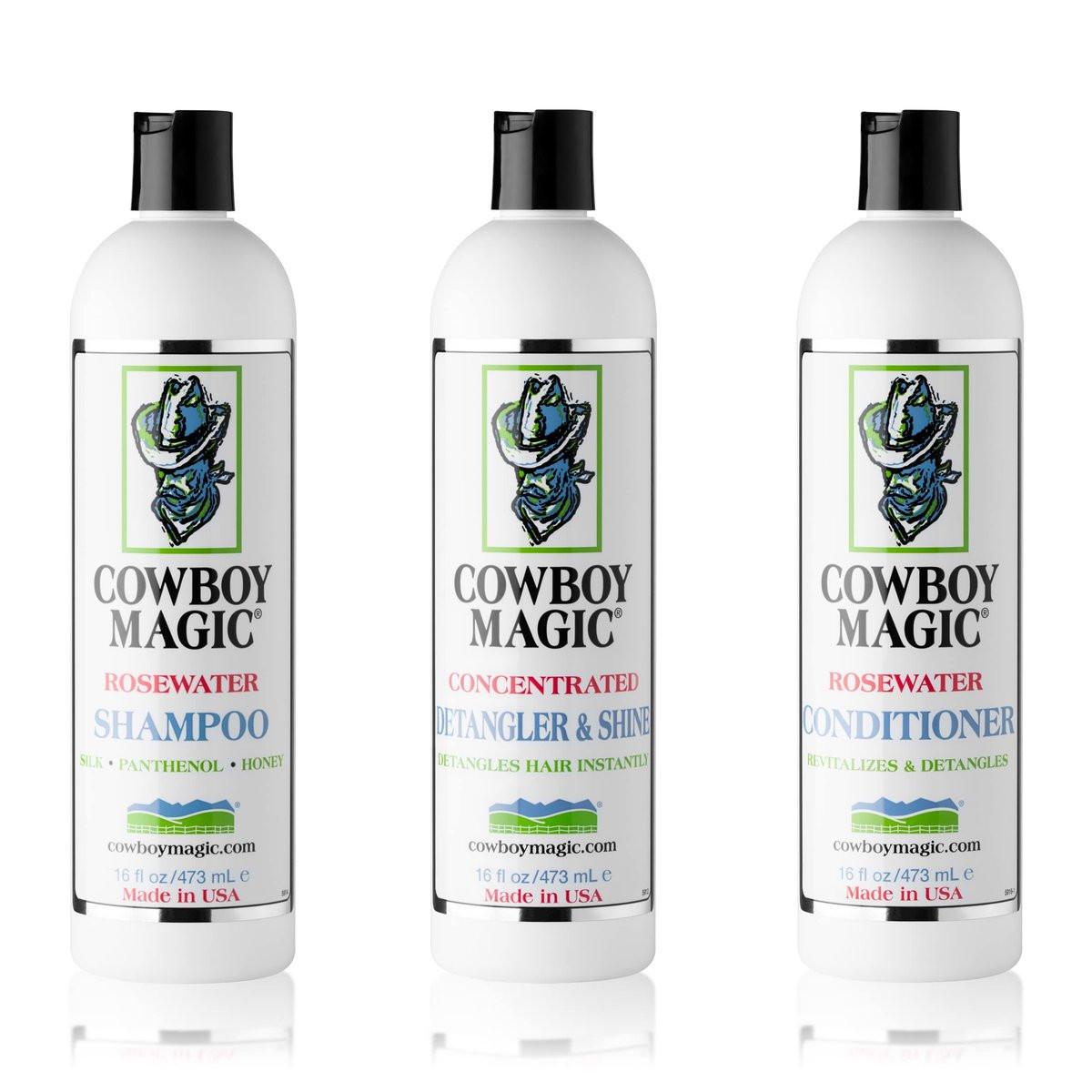Cowboy Magic Shampoo + Conditioner + Entwirrer & Glanz 3er-Pack (je 473 ml) – Mit Seide, Panthenol und Honig – Für Pferde, Menschen und Hunde – Sanfte Reinigung und seidiges Fell