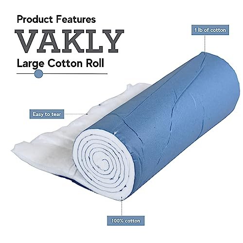 Vakly 100% Baumwollrolle 1 Pfund – Große, unsterile, weiche & saugfähige 12" x 56" Baumwolle für Wundversorgung, Gipsverbände, Schönheit & Basteln – Leicht reißbare Rolle
