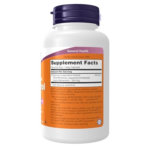 NOW Foods Extra Starkes Resveratrol 350 mg – Natürliches Trans-Resveratrol aus 700 mg Japanischem Staudenknöterich-Extrakt, 60 vegane Kapseln