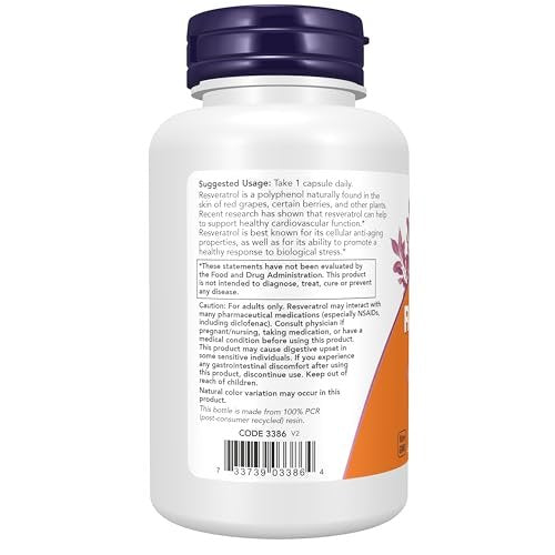 NOW Foods Extra Starkes Resveratrol 350 mg – Natürliches Trans-Resveratrol aus 700 mg Japanischem Staudenknöterich-Extrakt, 60 vegane Kapseln
