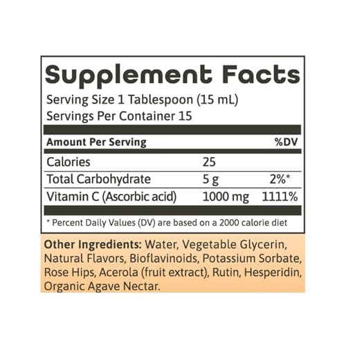 Dynamic Health Flüssiges Vitamin C mit natürlichem Zitrusgeschmack - 1000 mg pro Portion, Nahrungsergänzungsmittel für Männer und Frauen, mit Bioflavonoiden & Hagebutte, vegetarisch & glutenfrei - 240 ml