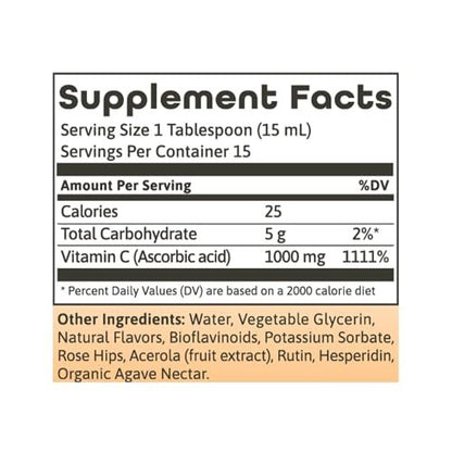 Dynamic Health Flüssiges Vitamin C mit natürlichem Zitrusgeschmack - 1000 mg pro Portion, Nahrungsergänzungsmittel für Männer und Frauen, mit Bioflavonoiden & Hagebutte, vegetarisch & glutenfrei - 240 ml
