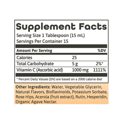 Dynamic Health Flüssiges Vitamin C mit natürlichem Zitrusgeschmack - 1000 mg pro Portion, Nahrungsergänzungsmittel für Männer und Frauen, mit Bioflavonoiden & Hagebutte, vegetarisch & glutenfrei - 240 ml