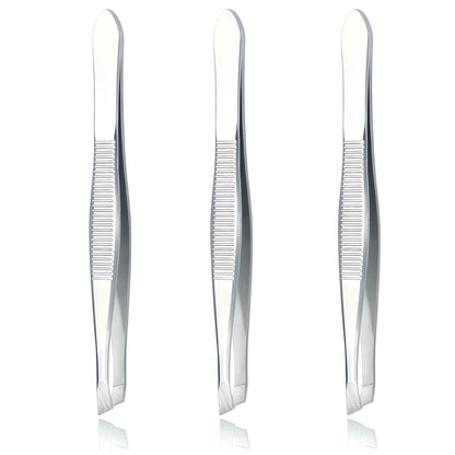 LUXXII (3er Pack) Schrägpinzetten - Präzise Edelstahl Schrägspitzen Pinzette zum Zupfen von Haaren und Augenbrauen (Silber)