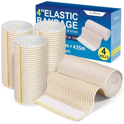 LotFancy Elastische Binden 4er-Pack, 4 Zoll Baumwoll-Kompressionsbinde, Selbsthaftend an beiden Enden, Medizinische Wickel für Knöchel, Knie, Beine, Fuß, Handgelenke, Unterstützung & Erste Hilfe bei Verletzungen, Sport